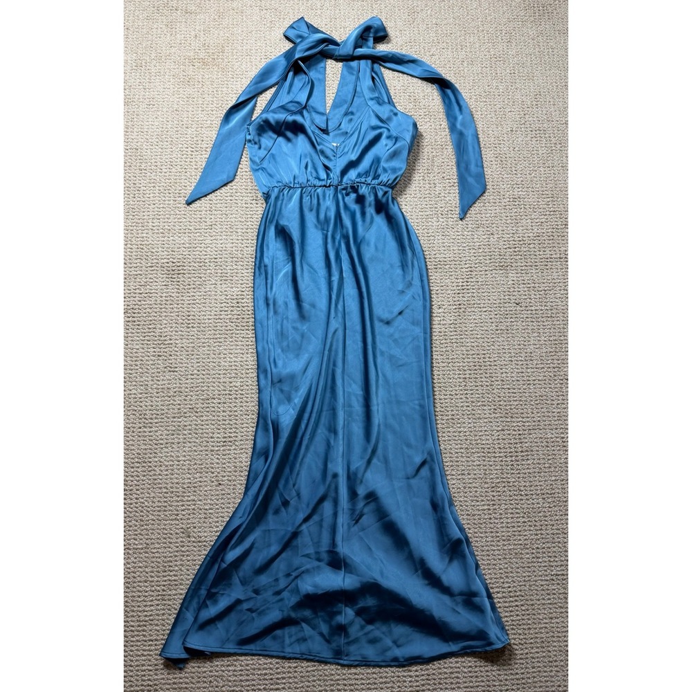 Showpo Kiarra Norman Halter Dress Satin Blue Size 2 Party Split Hem Cut V-Neck - Picture 7 of 9